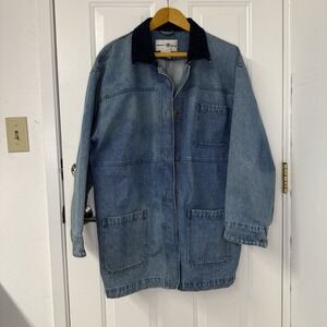 Points West Vintage Denim Barn Chore Coat Corduroy Collar Medium Wash Women Sz L